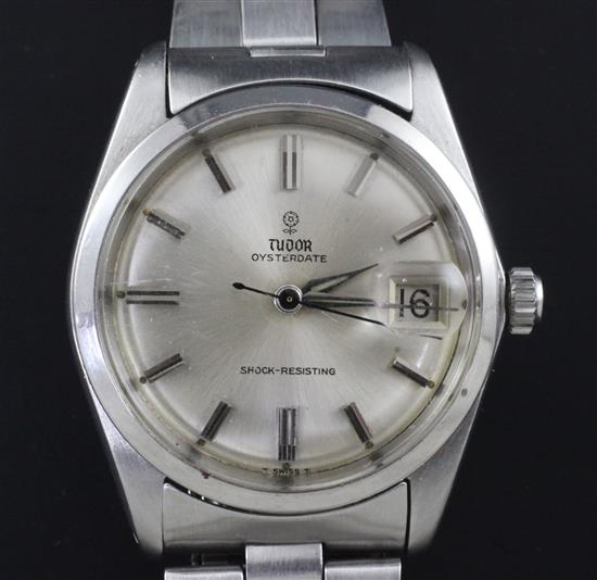 A gentlemans stainless steel Tudor Oysterdate manual wind wrist watch,